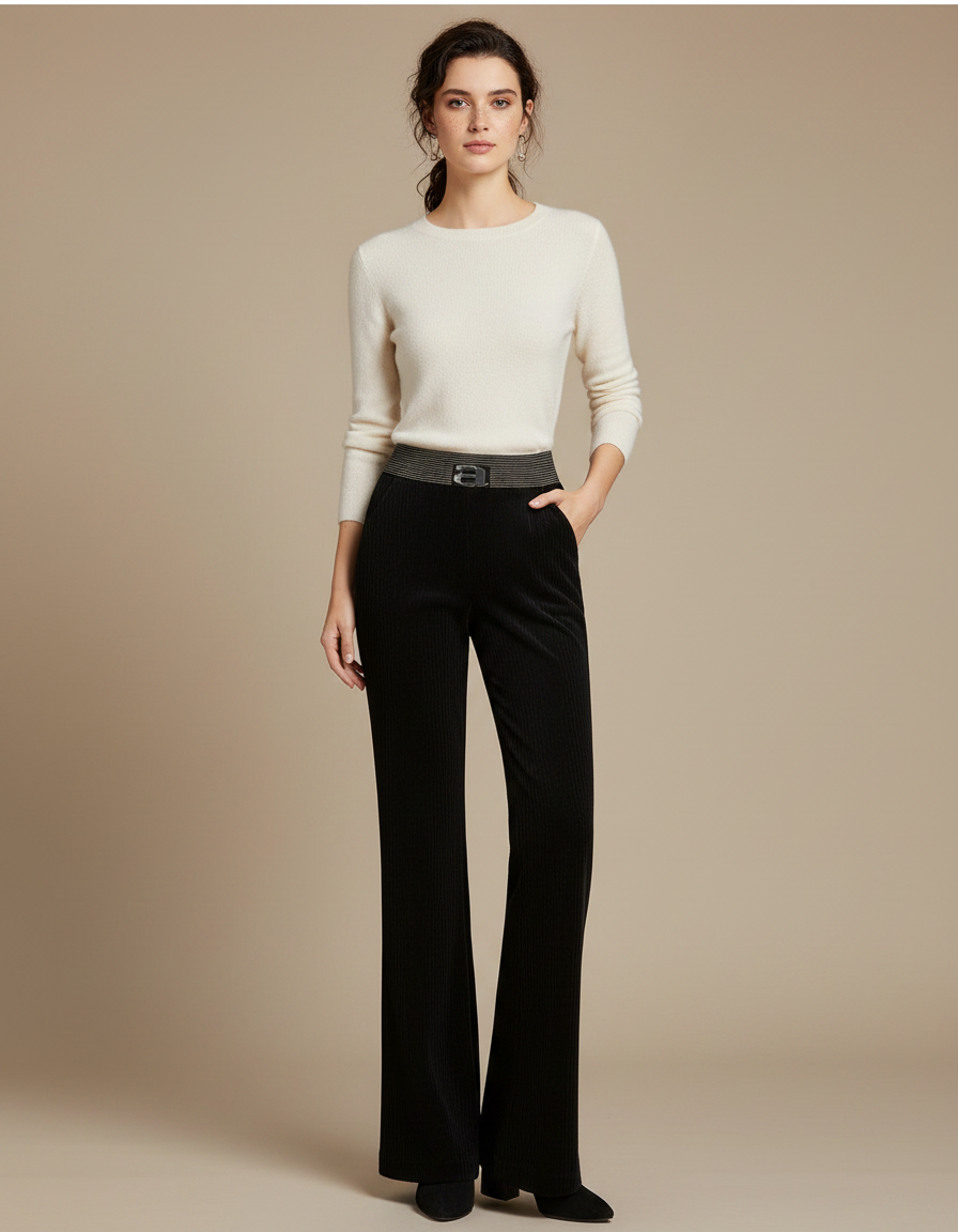 Pantalon Noir Côtelé Évasé Taille Haute Femme - Cordé