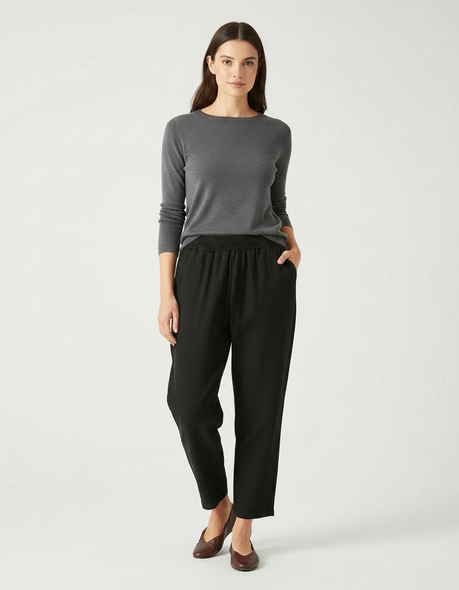 Pantalon Noir Harem Lin Ample Décontracté Femme