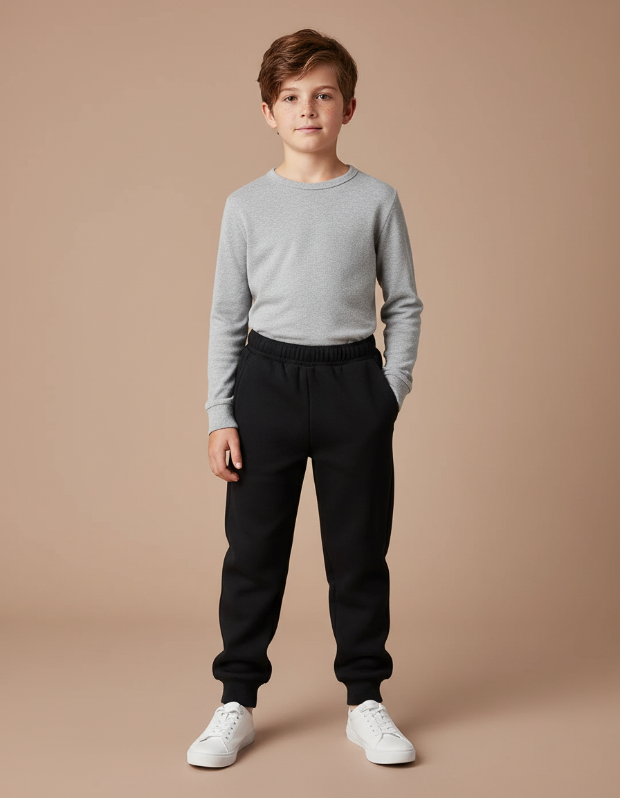 Pantalon Noir Jogging Coton Confortable Garçon - Molleton