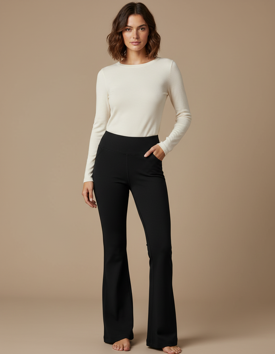 Pantalon Noir Évasé Taille Haute Confortable Femme - Polyester