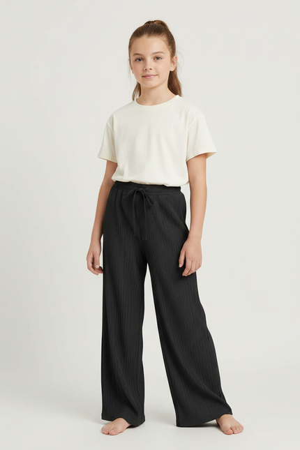 Pantalon Noir Ample Plissé Cordon Fille - Maille