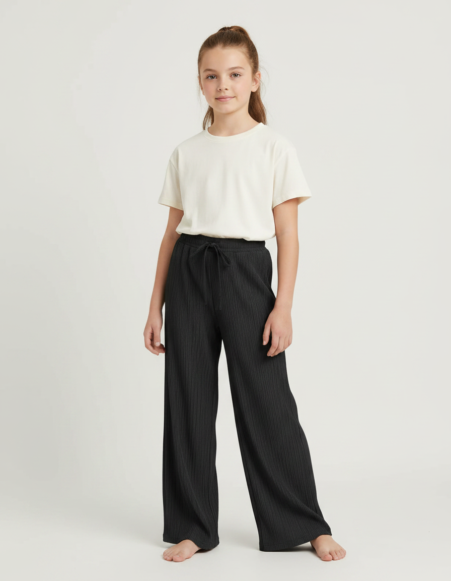 Pantalon Noir Ample Plissé Cordon Fille - Maille