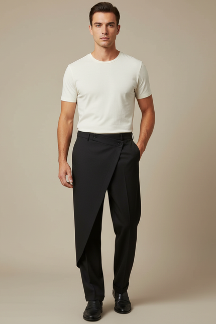 Pantalon Noir Asymétrique Drapé Élégant Homme - Gabardine