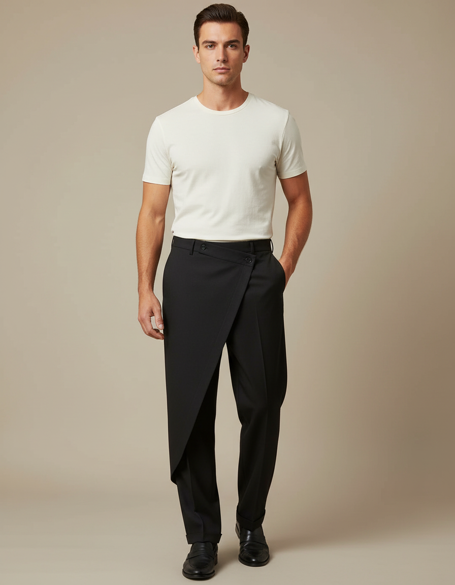 Pantalon Noir Asymétrique Drapé Élégant Homme - Gabardine