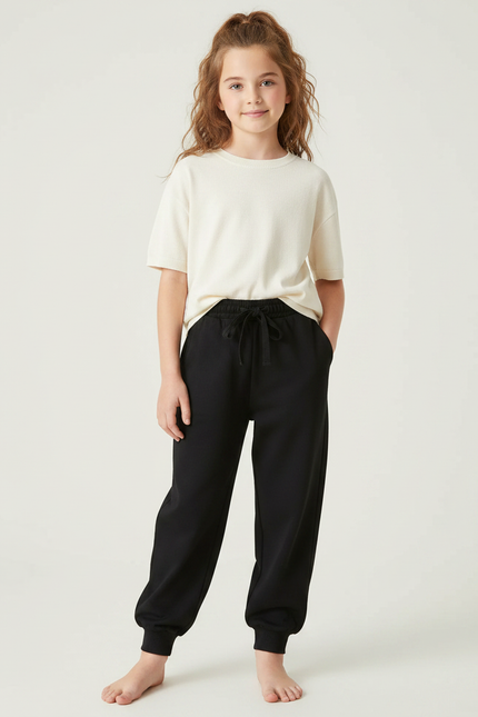 Pantalon Noir Enfant Molletonné Cordon Décontracté Ample