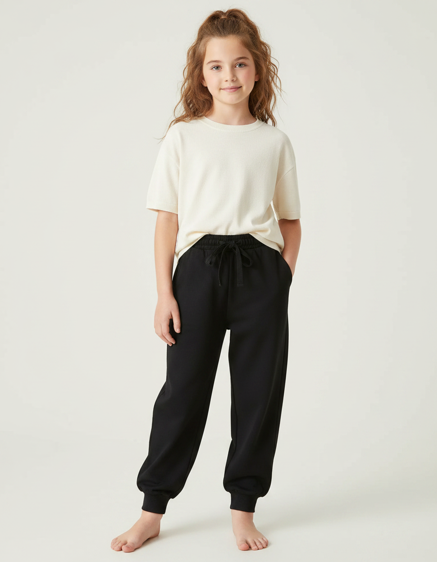 Pantalon Noir Enfant Molletonné Cordon Décontracté Ample