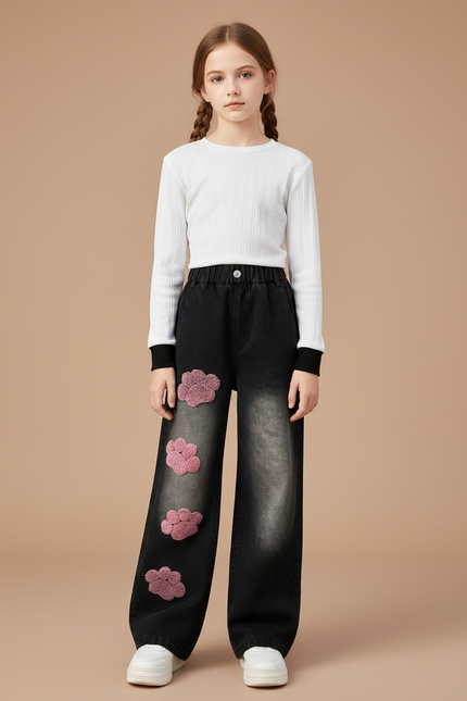 Pantalon Noir Denim Ample Brodé Patte Chat Fille - Jean