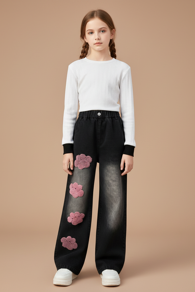 Pantalon Noir Denim Ample Brodé Patte Chat Fille - Jean
