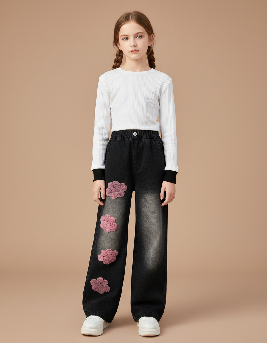 Pantalon Noir Denim Ample Brodé Patte Chat Fille - Jean