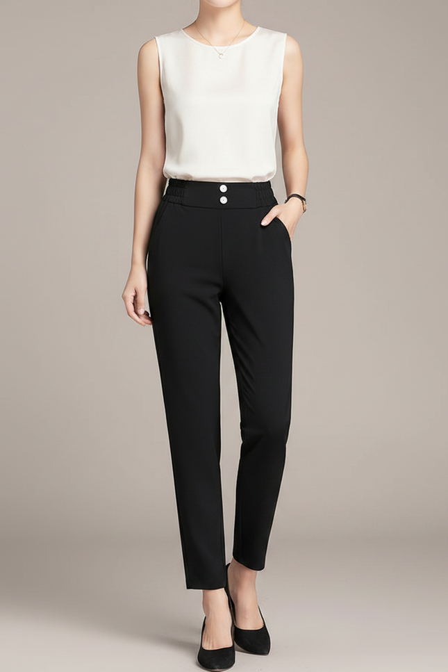 Pantalon Carotte Taille Haute Noir - Polyester