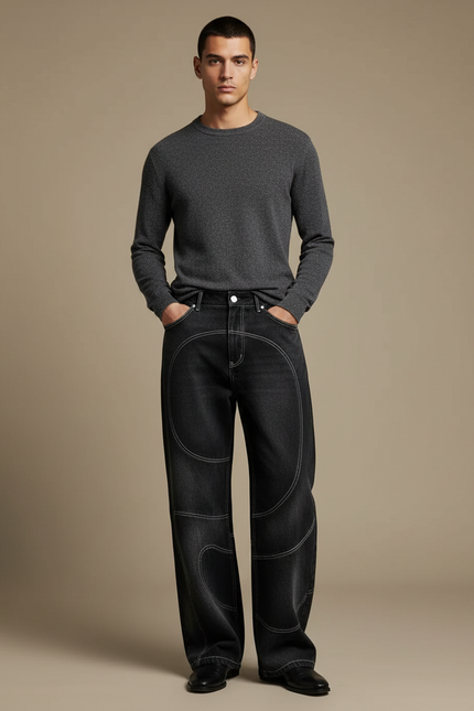 Pantalon Noir Denim Ample Coutures Apparentes Décontracté - Jean