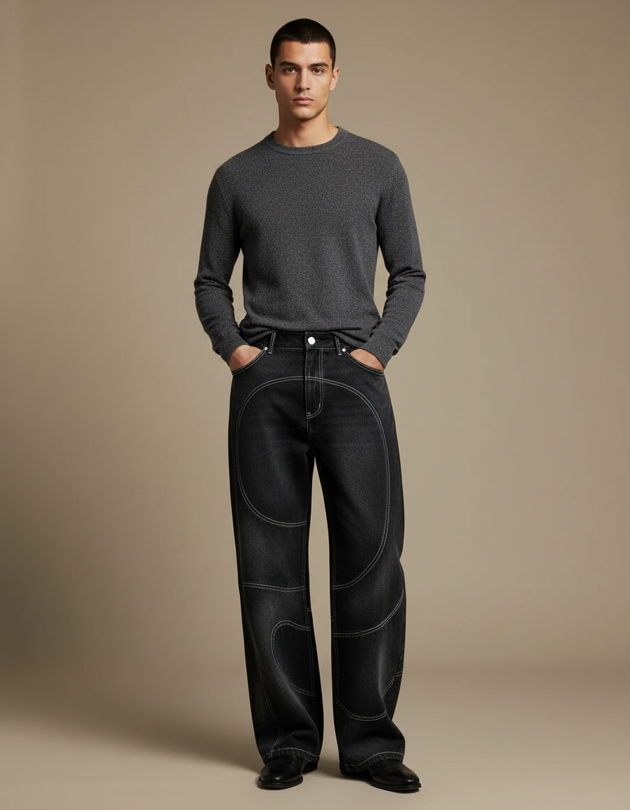 Pantalon Noir Denim Ample Coutures Apparentes Décontracté - Jean