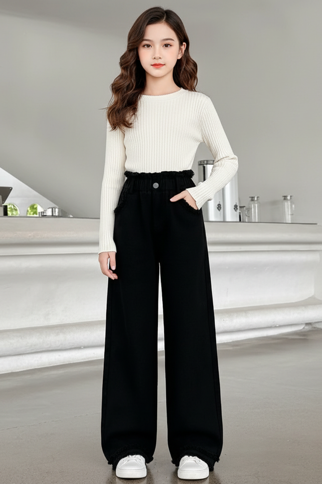 Pantalon Noir Ample Denim Fille Décontracté - Jean