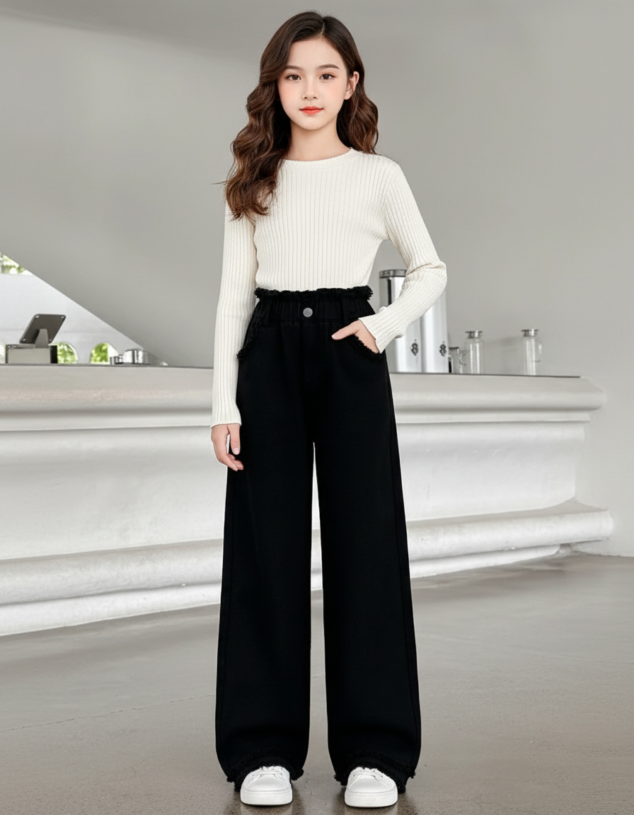 Pantalon Noir Ample Denim Fille Décontracté - Jean