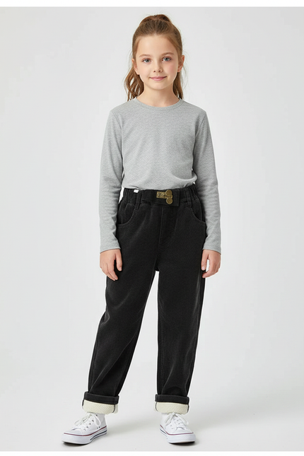 Pantalon Noir Côtelé Ample Décontracté Enfant Doublé - Cordé