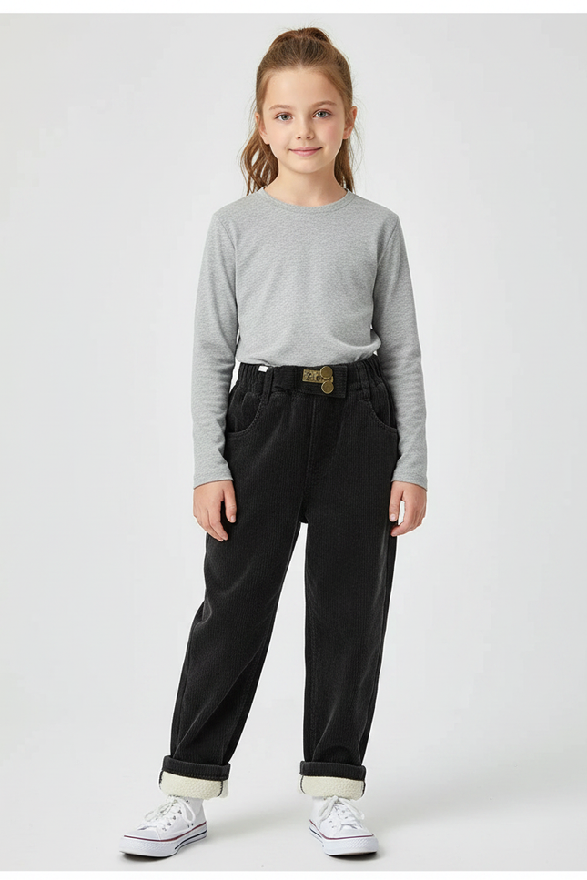 Pantalon Noir Côtelé Ample Décontracté Enfant Doublé - Cordé