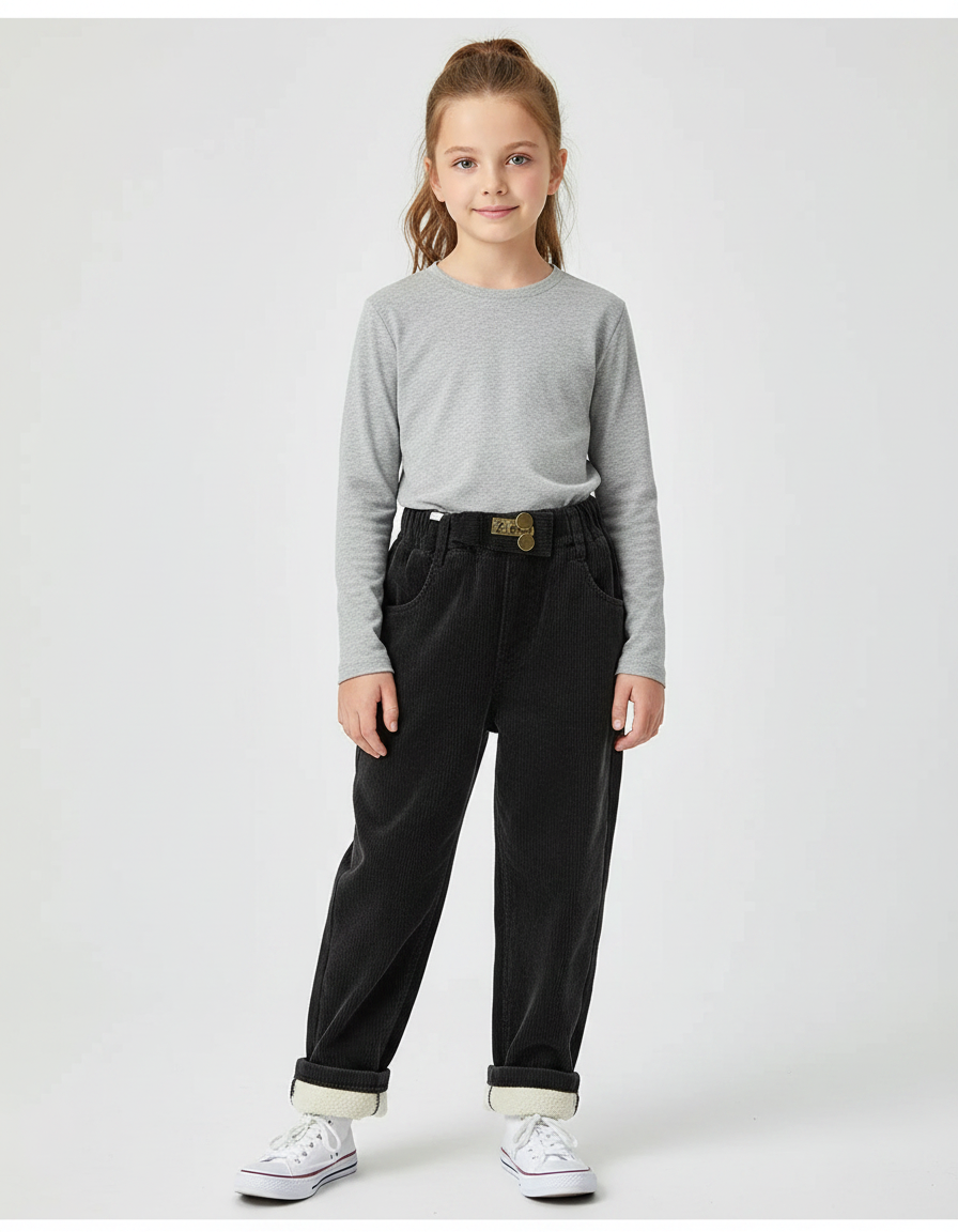 Pantalon Noir Côtelé Ample Décontracté Enfant Doublé - Cordé
