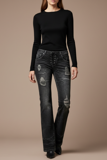 Pantalon Noir Distressed Lacets Évasé Femme - Jean