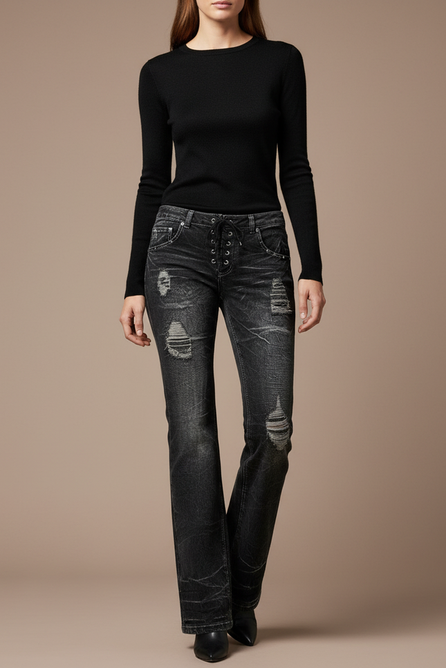 Pantalon Noir Distressed Lacets Évasé Femme - Jean