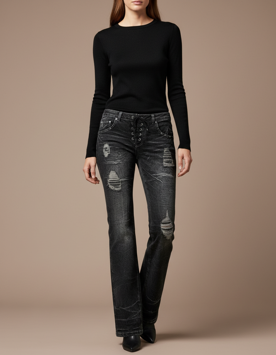 Pantalon Noir Distressed Lacets Évasé Femme - Jean