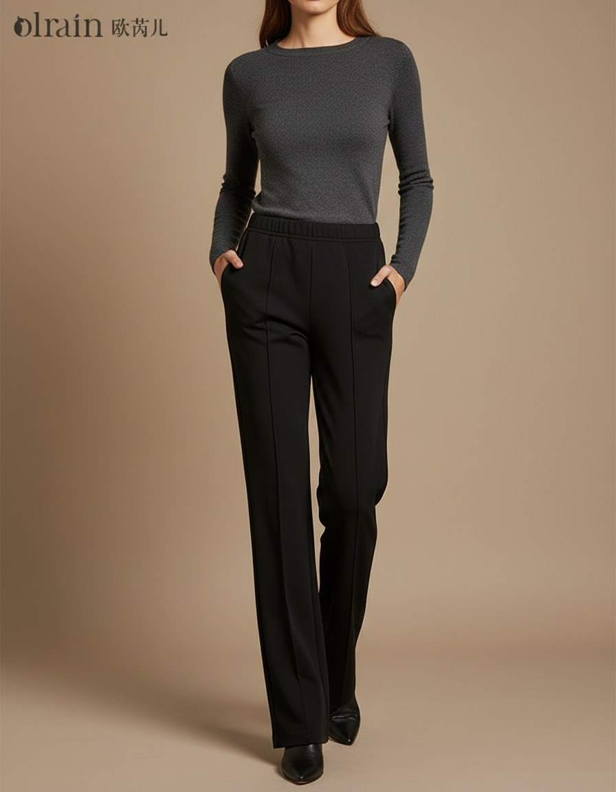 Pantalon Noir Droit Fluide Élégant Femme - Polyester