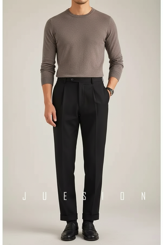 Pantalon Noir Plissé Droit Élégant Habillé Homme - Gabardine