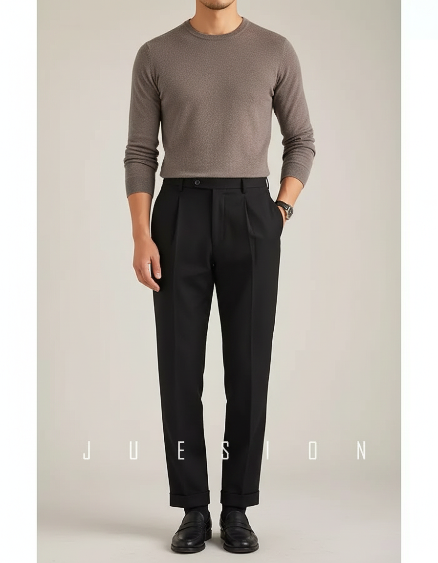 Pantalon Noir Plissé Droit Élégant Habillé Homme - Gabardine