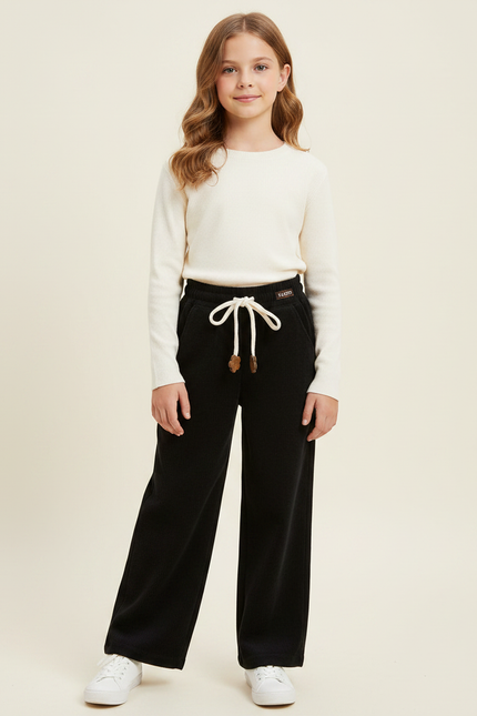 Pantalon Noir Côtelé Ample Fille Décontracté Confortable - Cordé