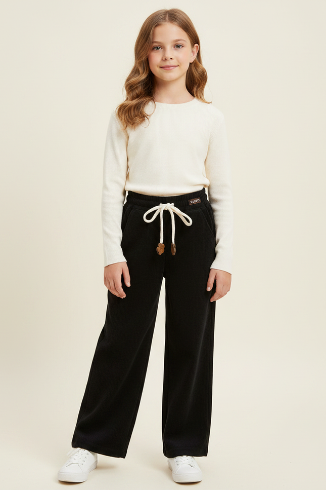 Pantalon Noir Côtelé Ample Fille Décontracté Confortable - Cordé