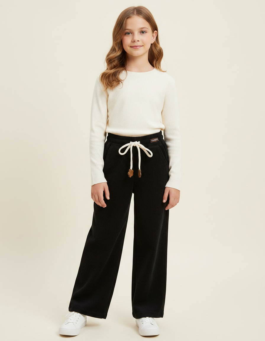 Pantalon Noir Côtelé Ample Fille Décontracté Confortable - Cordé
