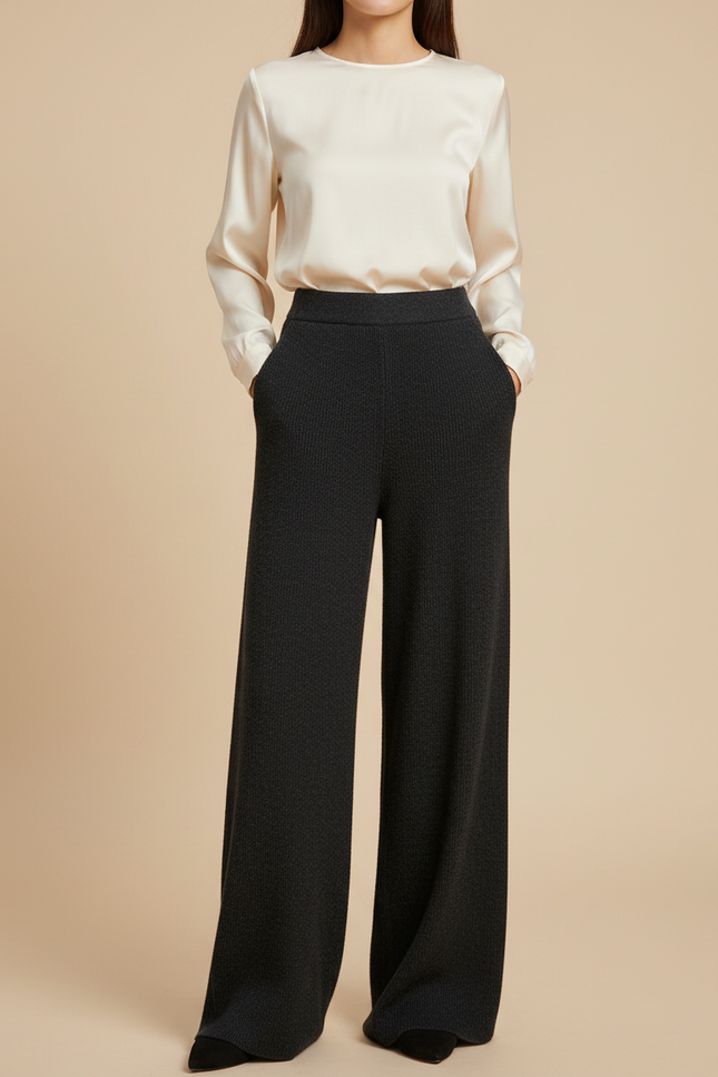 Pantalon Noir Large Maille Tricot Confortable Femme