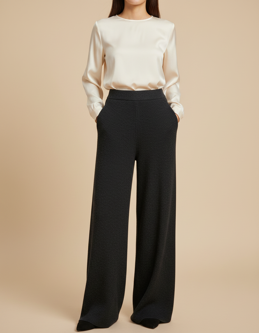 Pantalon Noir Large Maille Tricot Confortable Femme