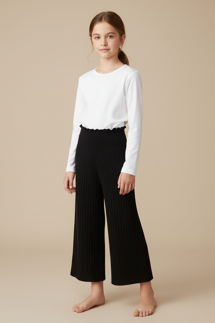 Pantalon Noir Tricoté Côtelé Ample Fille - Maille