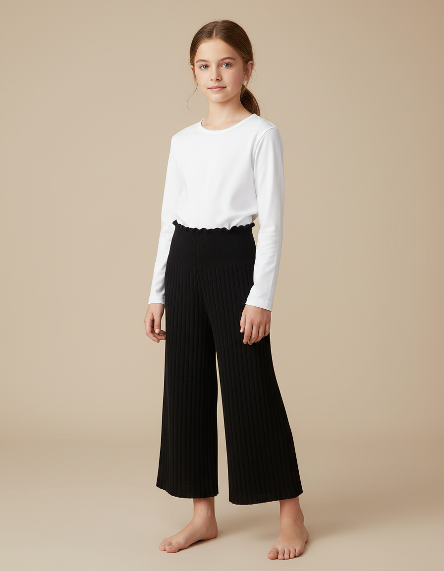 Pantalon Noir Tricoté Côtelé Ample Fille - Maille