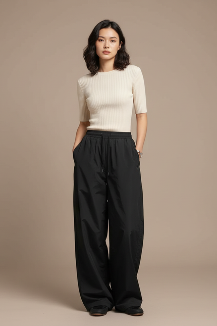 Pantalon Noir Ample Décontracté Cordon Nylon - Polyester