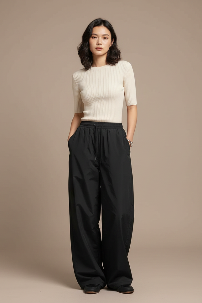 Pantalon Noir Ample Décontracté Cordon Nylon - Polyester