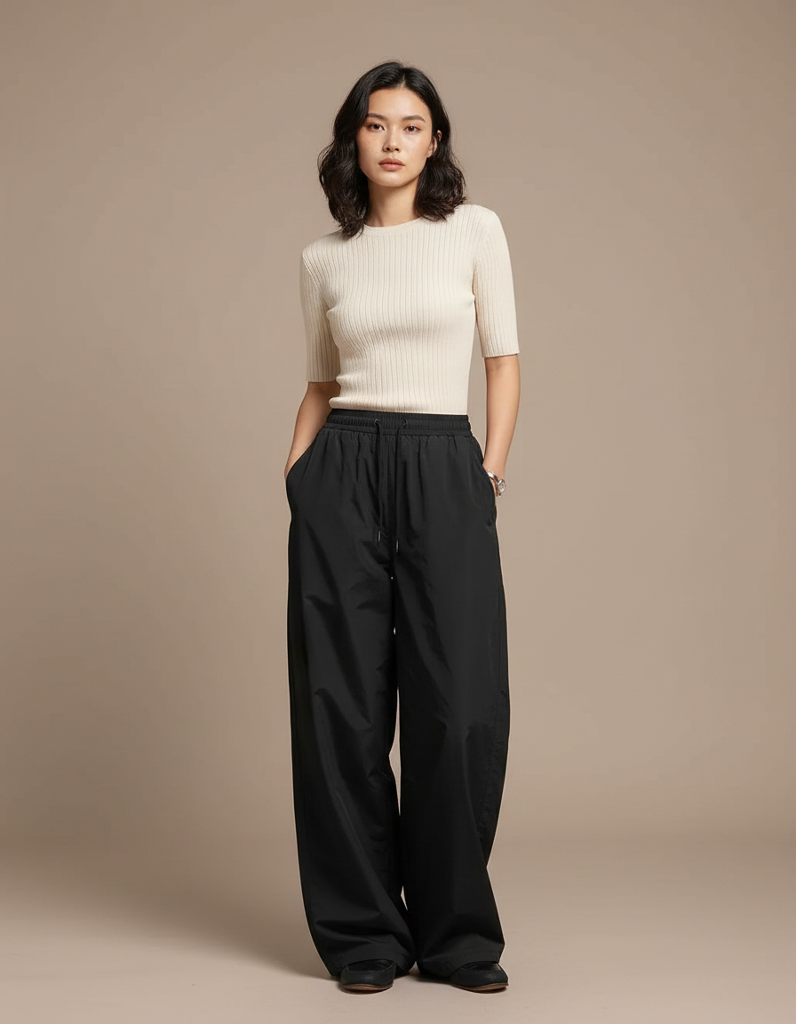 Pantalon Noir Ample Décontracté Cordon Nylon - Polyester