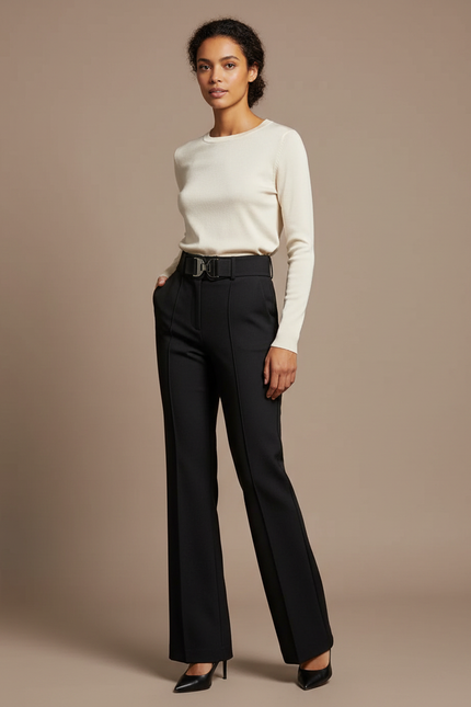 Pantalon Noir Droit Taille Haute Élégant Femme - Polyester