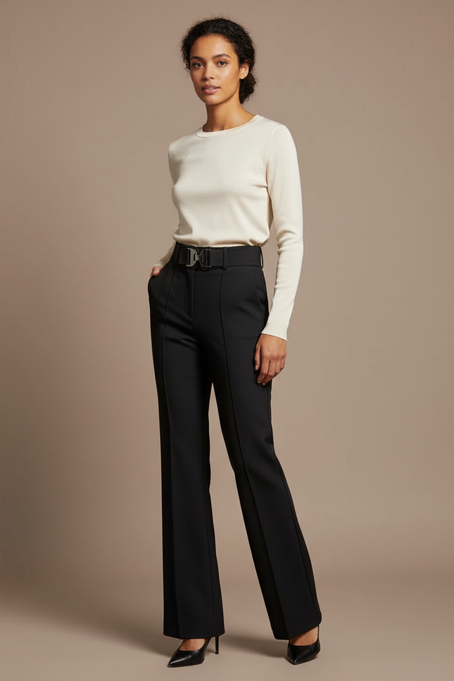 Pantalon Noir Droit Taille Haute Élégant Femme - Polyester