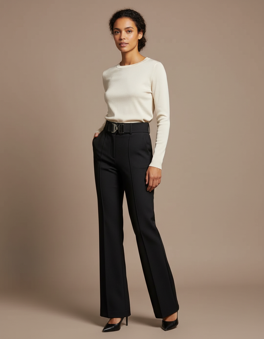 Pantalon Noir Droit Taille Haute Élégant Femme - Polyester