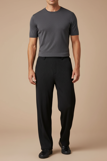 Pantalon Noir Plissé Ample Décontracté Homme Élégant - Maille