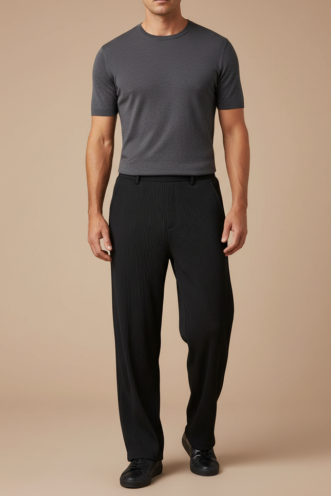 Pantalon Noir Plissé Ample Décontracté Homme Élégant - Maille