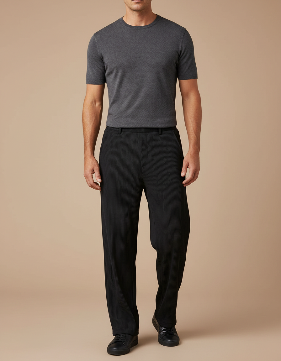 Pantalon Noir Plissé Ample Décontracté Homme Élégant - Maille