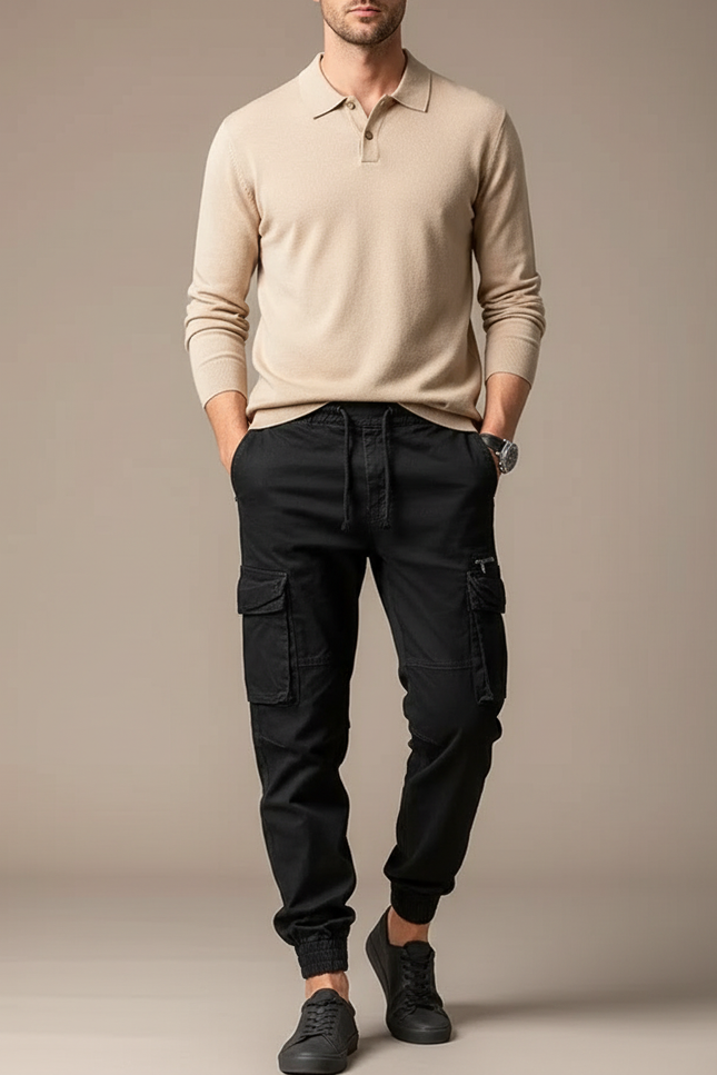 Pantalon Noir Cargo Jogger Cordon Homme - Toile