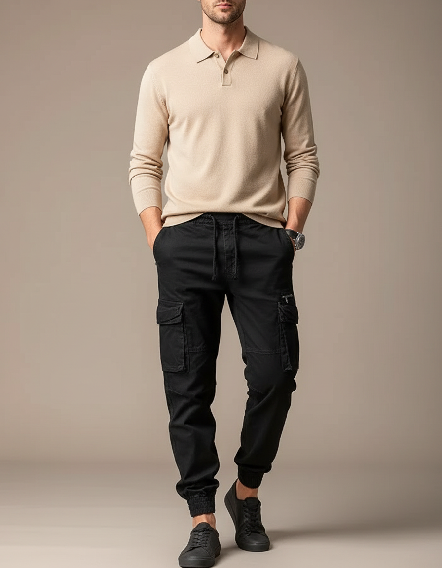 Pantalon Noir Cargo Jogger Cordon Homme - Toile