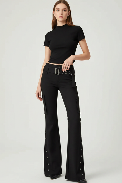 Pantalon Noir Évasé Rivets Cargo Taille Haute Y2k - Polyester