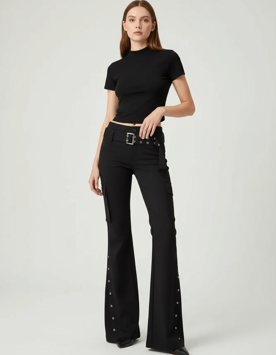 Pantalon Noir Évasé Rivets Cargo Taille Haute Y2k - Polyester