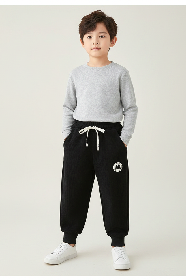 Pantalon Noir Côtelé Confortable Ample Enfant - Cordé