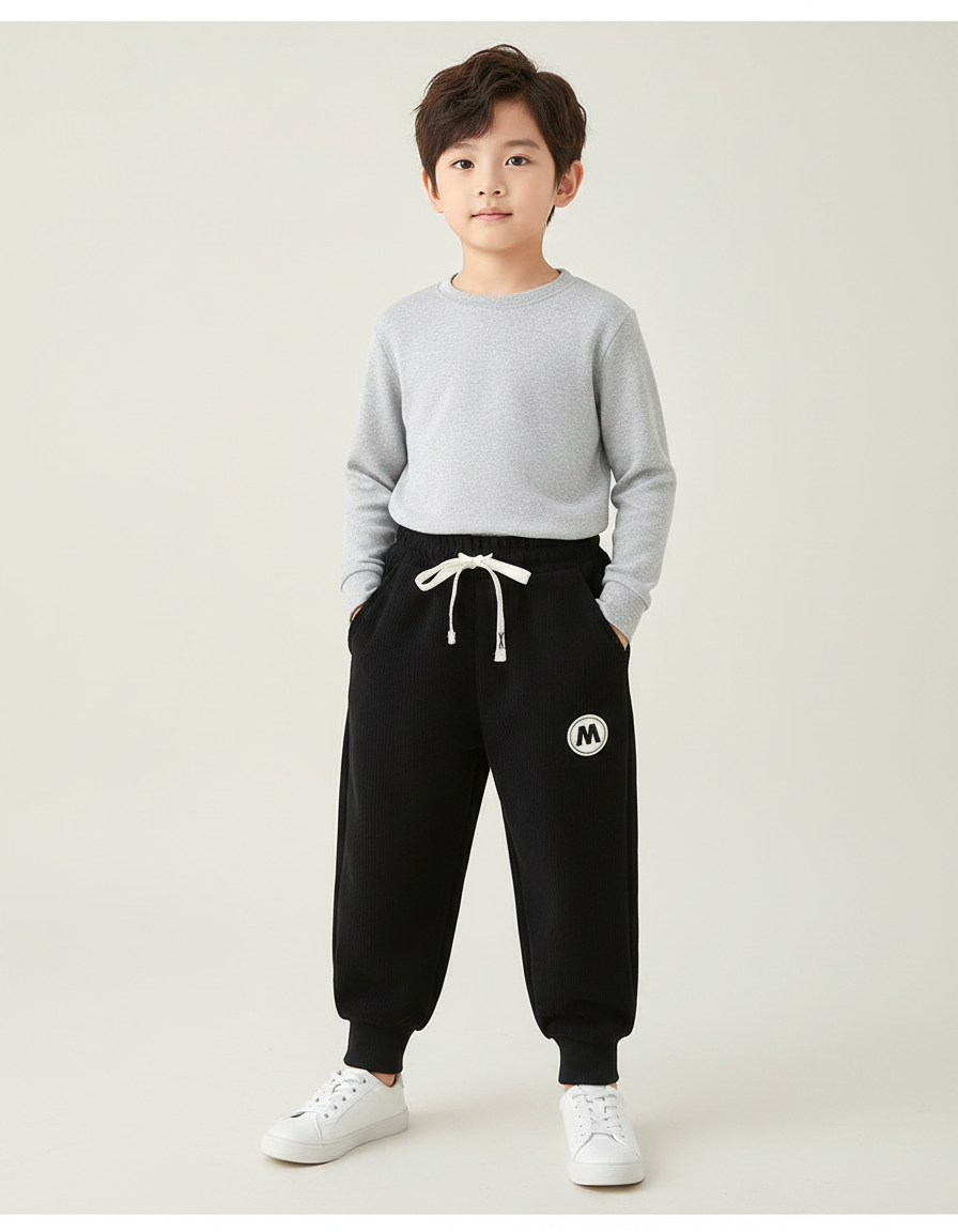 Pantalon Noir Côtelé Confortable Ample Enfant - Cordé