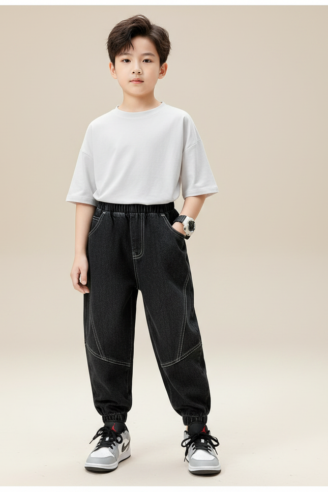 Pantalon Noir Garçon Ample Décontracté Jogger Denim - Jean